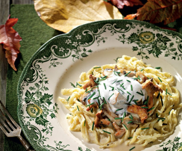 Spätzle eller pasta och svampragu med Skogslycka