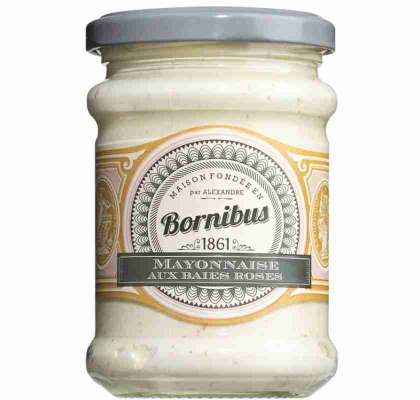 Glasburk med Bornibus Rospepparmajonns Mayonnaise aux Baies Roses