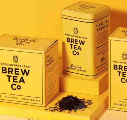 Englsih Breakfast Tea Brew Tea Co gula förpackningar i påse eller som löst te
