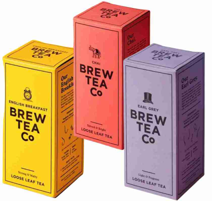 3 olika lste frn brew tea co gul, rosa och lila lda