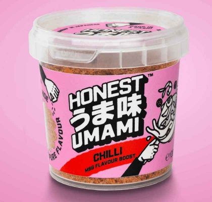 Rosa burk med chilli MSG Flavour Boost Honest Umami Rosa burk med chilli MSG Flavour Boost Honest Umami, rosa bakgrund