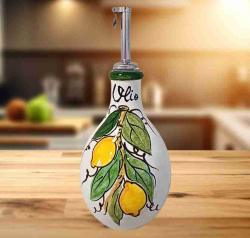 Olivoljeflaska rund i keramik med citroner