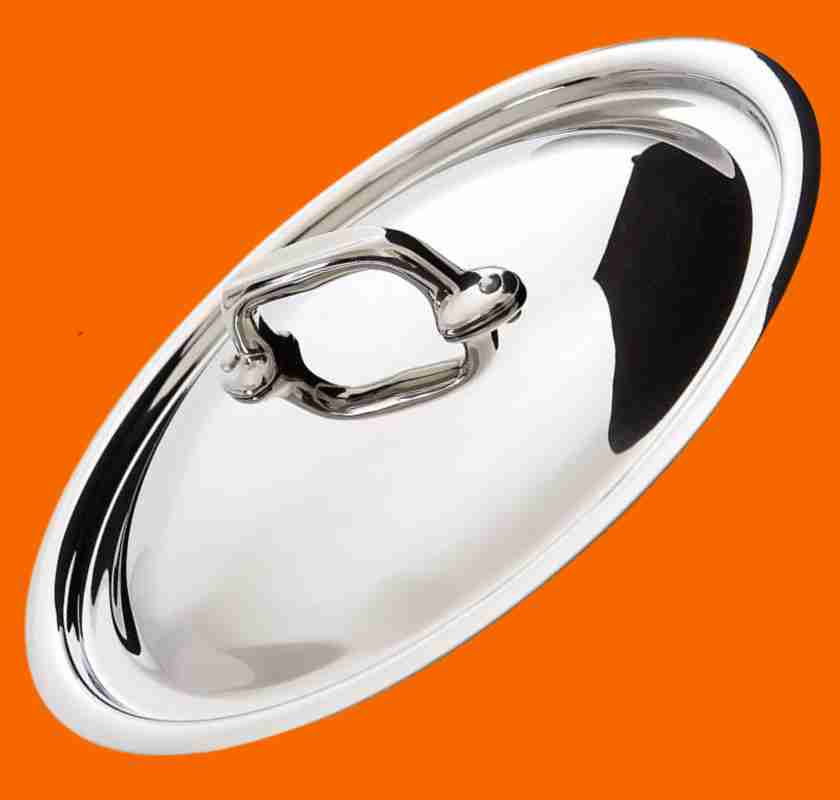 Lock i rostfritt st�l till Mauviel Cook Style mot orange bakgrund