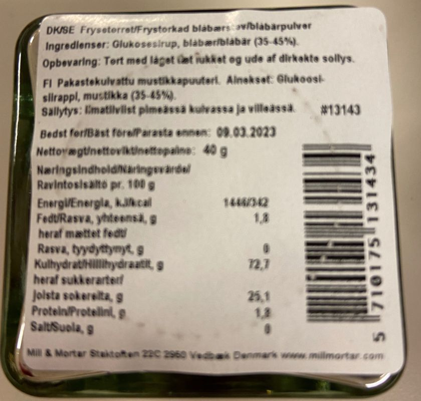  Bl�b�rspulver Mill & Mortar inneh�ll