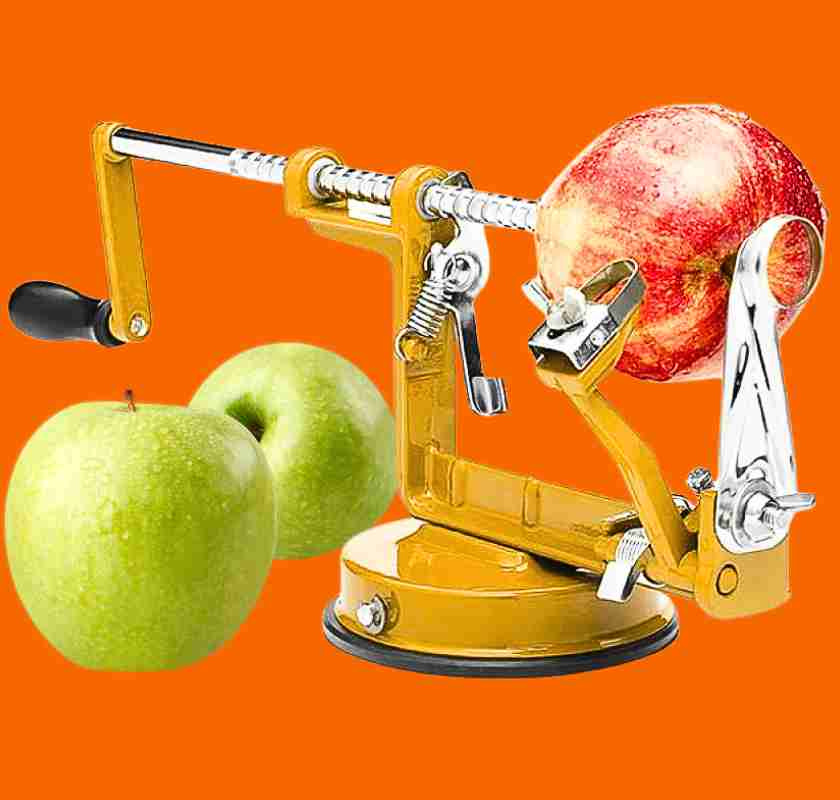 �ppelskalare gul med �pplen mot orange bakgrund