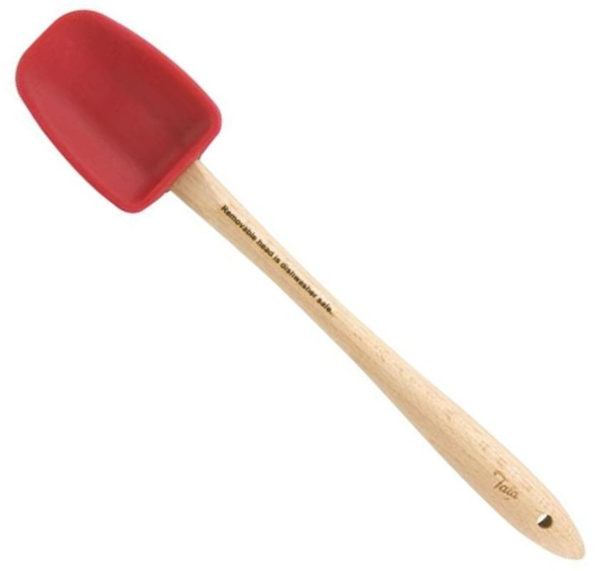 Slickepott skedformad med handtag i tr� och r�tt skedhuvud