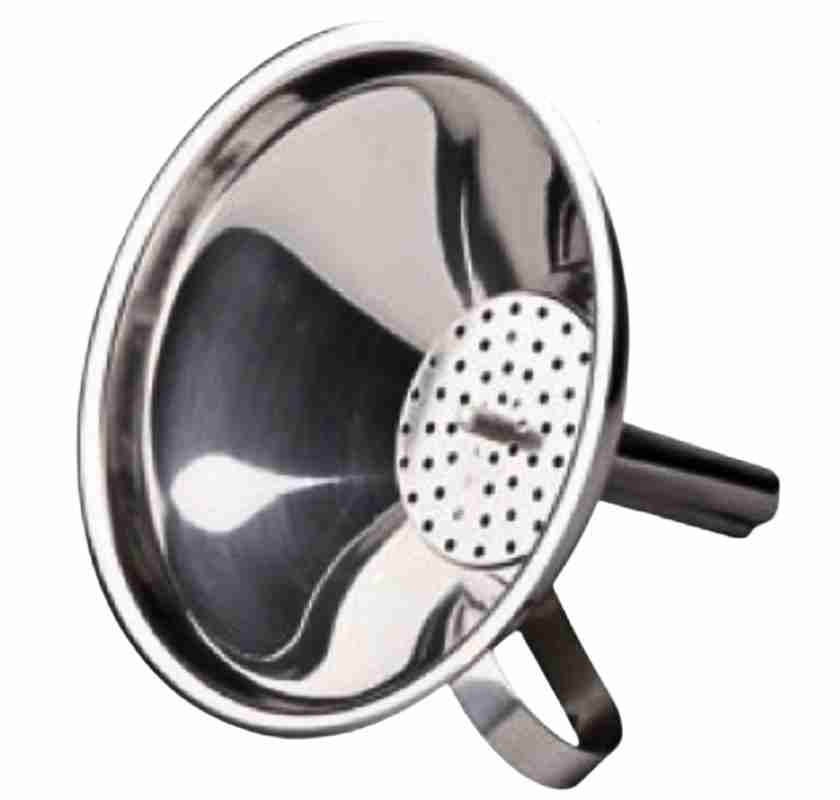 Tratt med sil i rostfrittst�l liggande