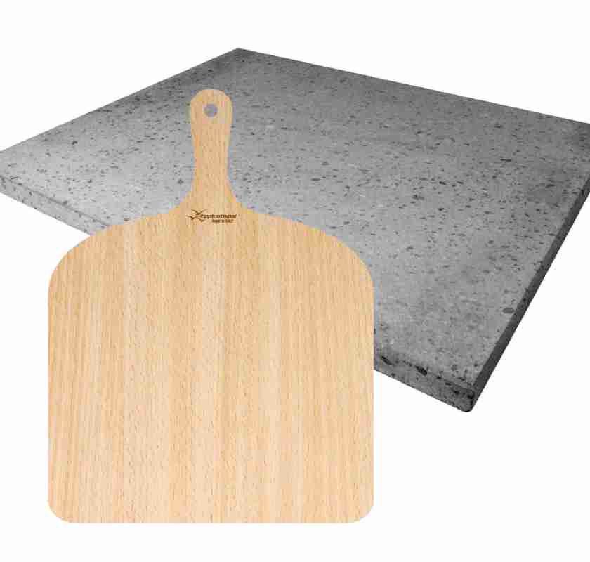 Pizzasten i lavasten fr�n Etna 38x33 cm med br�dspade i bj�rktr� Eppicotispai Pizza set
