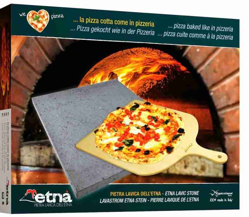 Pizzasten i lavasten fr�n Etna 38x33 cm med br�dspade i bj�rktr� Eppicotispai Pizza set f�rpackningen