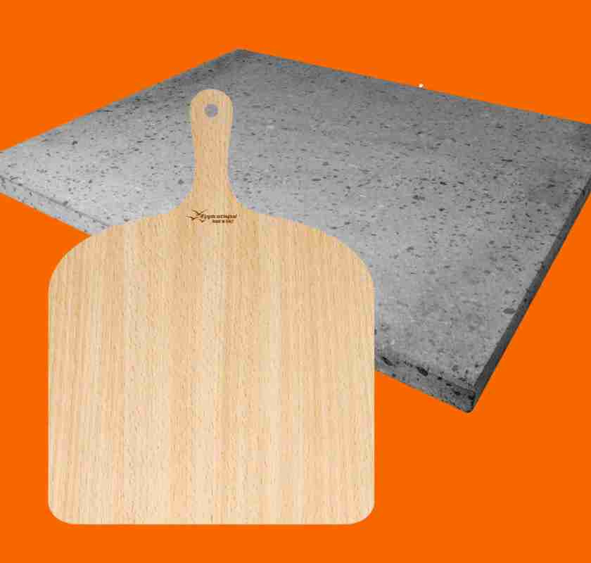 Pizzasten i lavasten fr�n Etna 38x33 cm med br�dspade i bj�rktr� Eppicotispai Pizza set mot orange