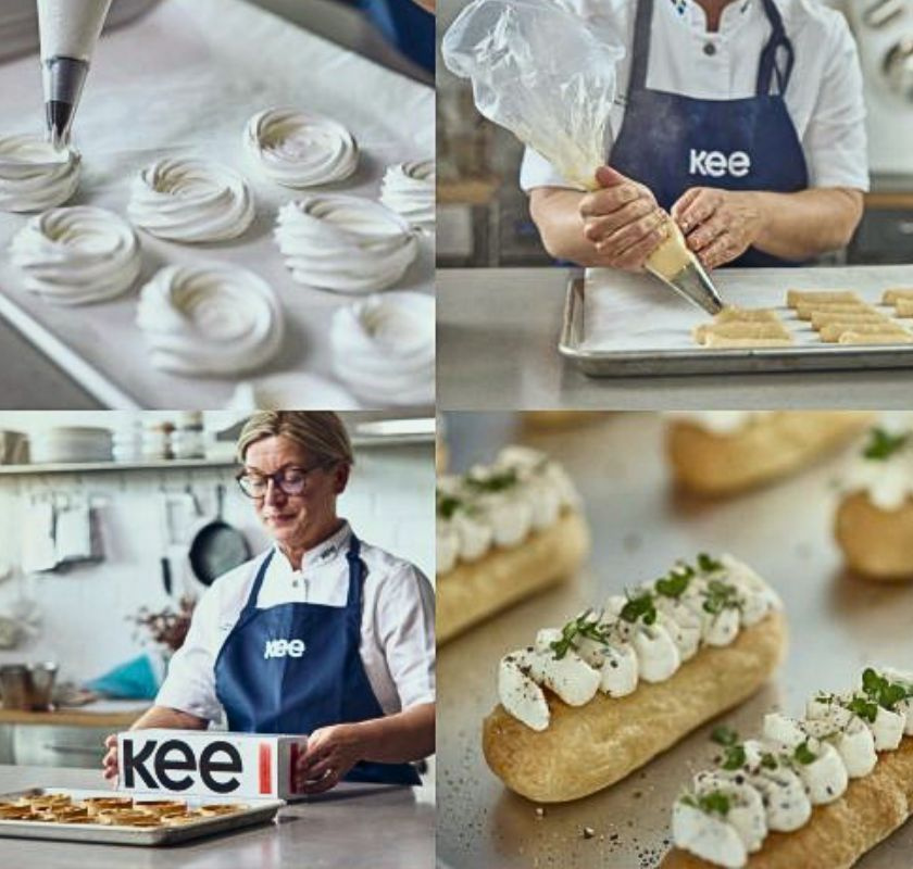 Engångsspritspåsar i användning för bakning, med fokus på tårtor och dekorationsarbete. Produkterna visas i en bakmiljö med olika kreationer.