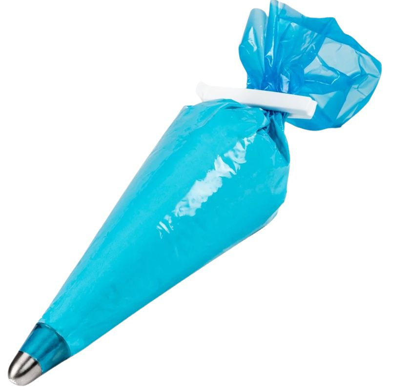 Engångsspritspåse i blå plast med metallmunstycke, 53 cm lång och rymmer 2,1 liter. Förpackning innehåller 72 stycken.
