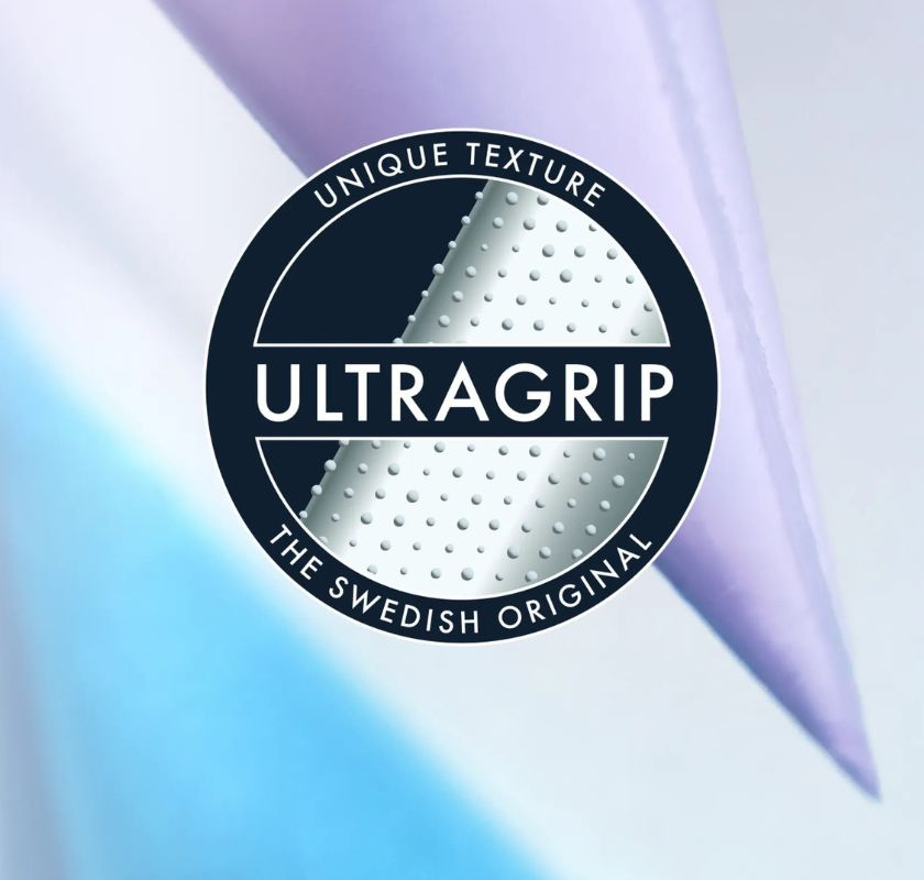 Spritsar i olika färger som visar upp produktens ultragrip-textur. KEE-seal spritspåse för engångsbruk, 53 cm lång.