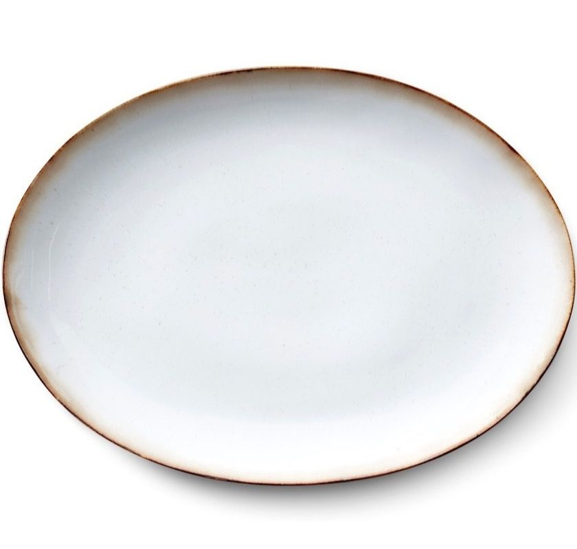 Stort ovalt stengodsfat vitt 45cm med brun kantlinje