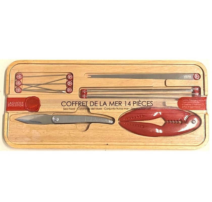 skaldjursset med stickor, ostronkniv, gafflar och klokn�ckare