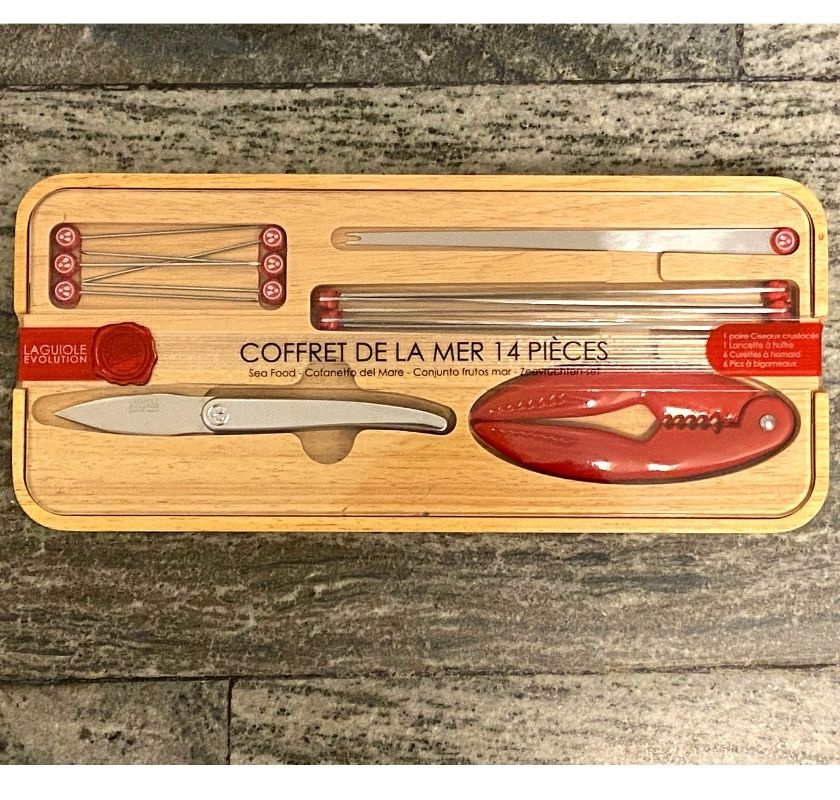 skaldjursset med stickor, ostronkniv, gafflar och klokn�ckare