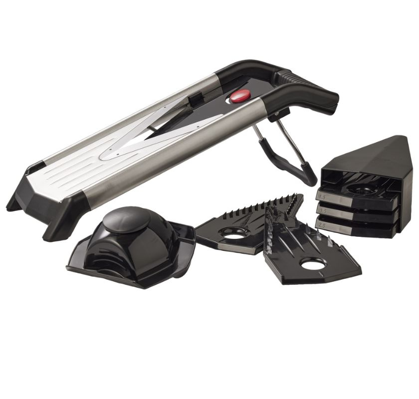 Mandolin i rostfritt med 5 sk�rb�ad och fingerskydd