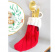 Rd och vit stickad liten julstrumpa med bestick i guld inna i strumpan