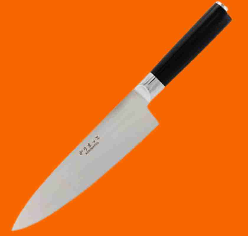 Kockkniv Gyuto 20cm Karimatto mot orange bakgrund