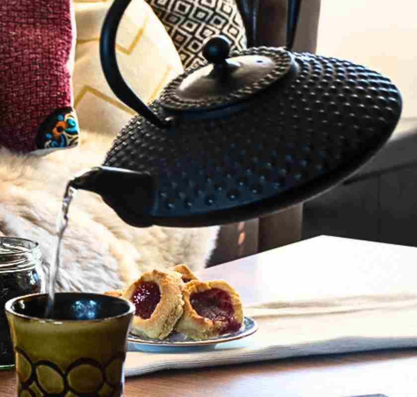 Tekanna japansk svart i gjutj�rn h�ller ur kannan i kopp