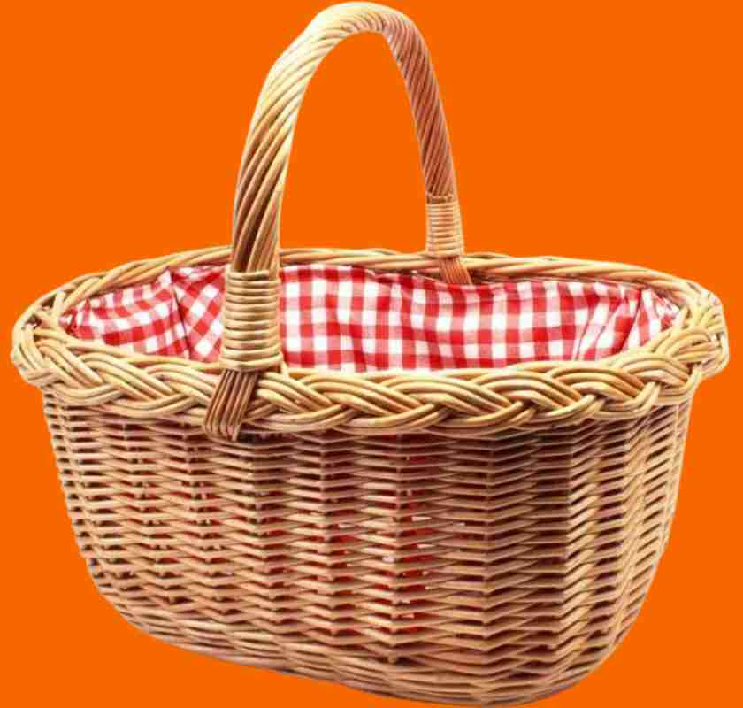 Picknick-korg i pil med r�drutigt tyg mot orange bakgrund