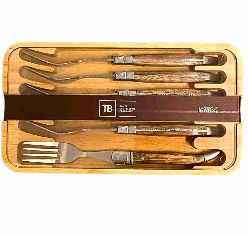Laguiole gafflar med handtag av tr� i presentask av tr� med genomskinligt lock