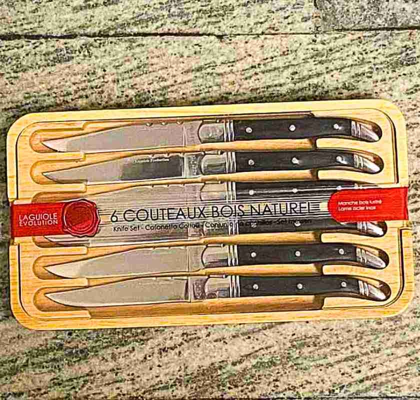 Presentask med k�ttknivar med svarta handtag Laguiole 6st