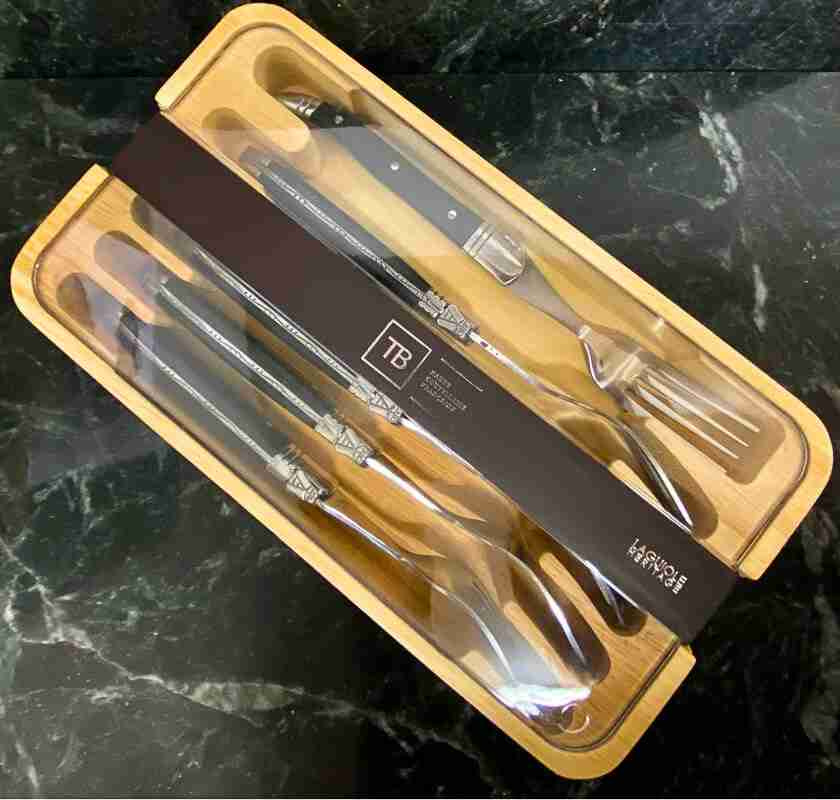 Gafflar med svarta handtag Laguiole 6st i tr�ask med genomskinligt lock