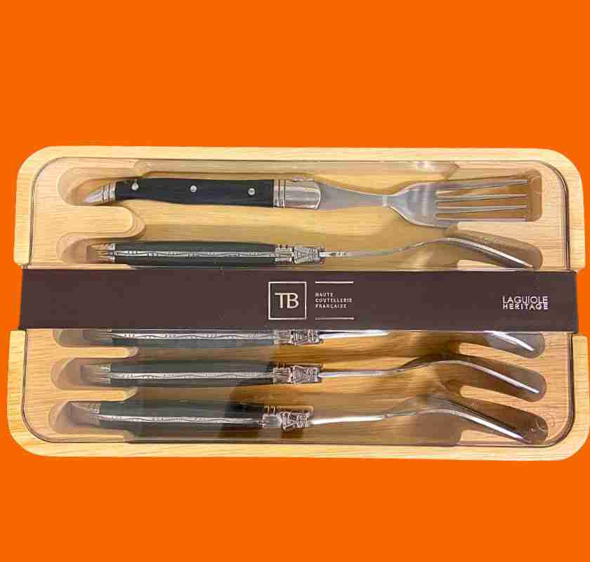 Gafflar med svarta handtag Laguiole 6st i ask mot orange