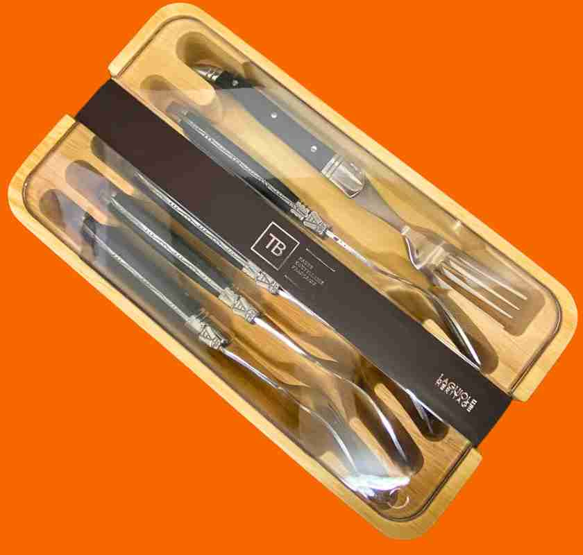 Gafflar med svarta handtag Laguiole 6st i presentask mot orange