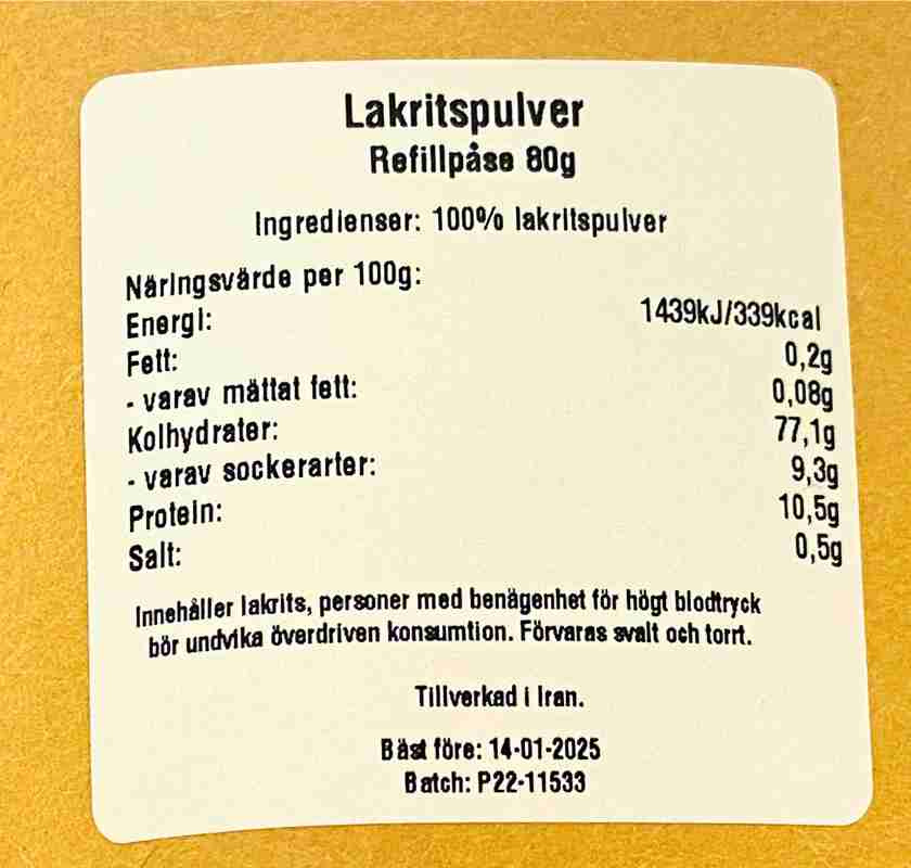 Etikett med inneh�ll, lakritspulver Premium i brun refillp�se 80 gram