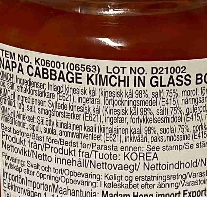 Wang kimch inneh�llsdeklaration p� etikett