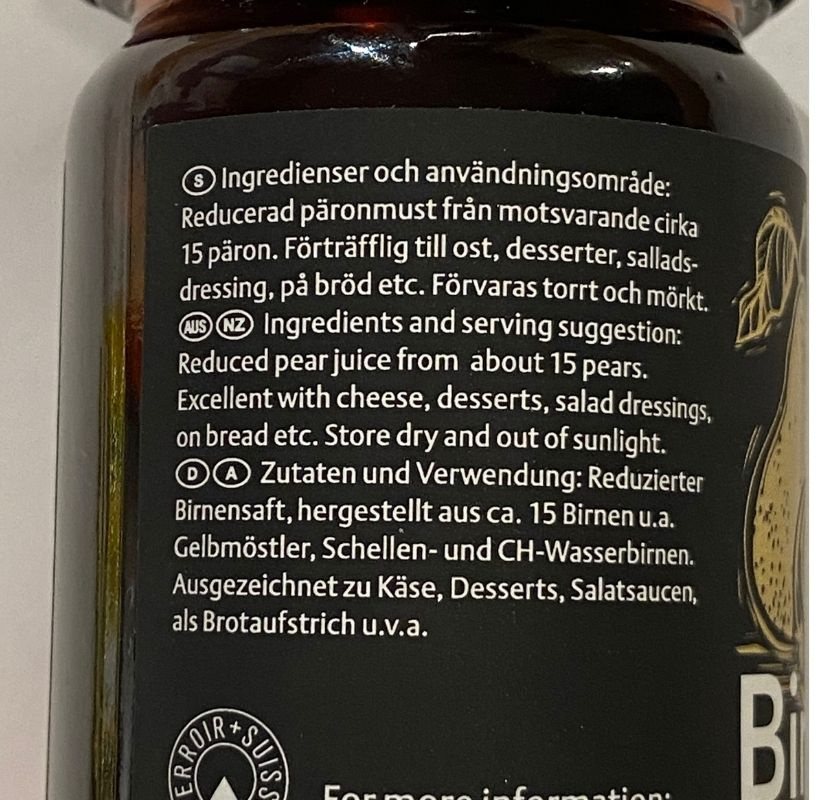 inneh�ll etikett P�ronsirap Birehong