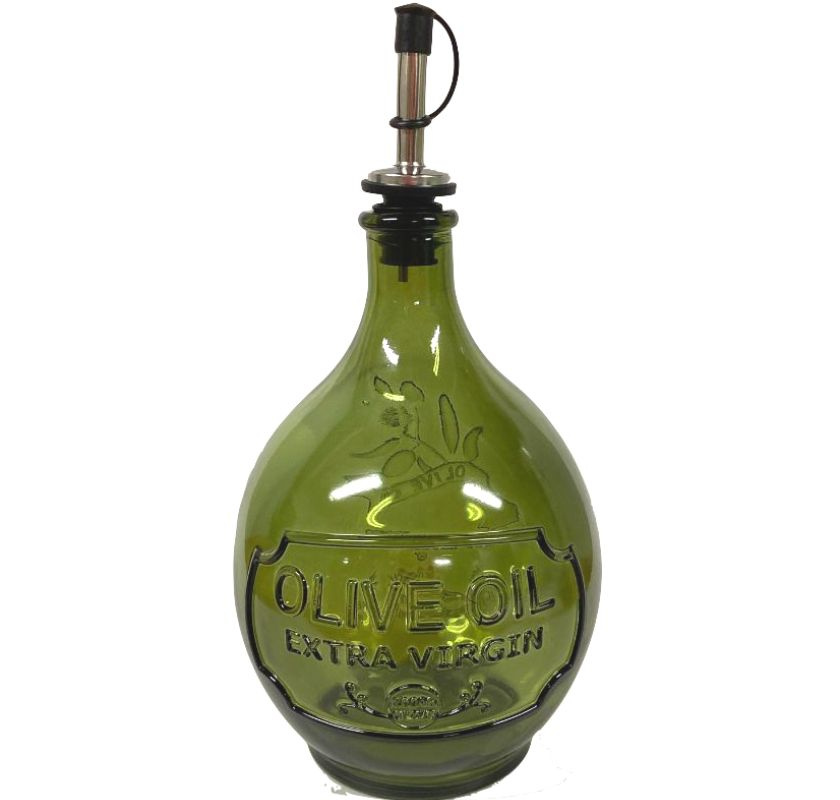 olivoljeflaska i gr�nt glas med h�llpip i st�l