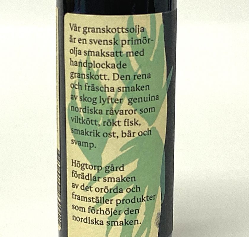 Granskottsolja fr�n H�gtorp g�rd, baksidan av flaskan
