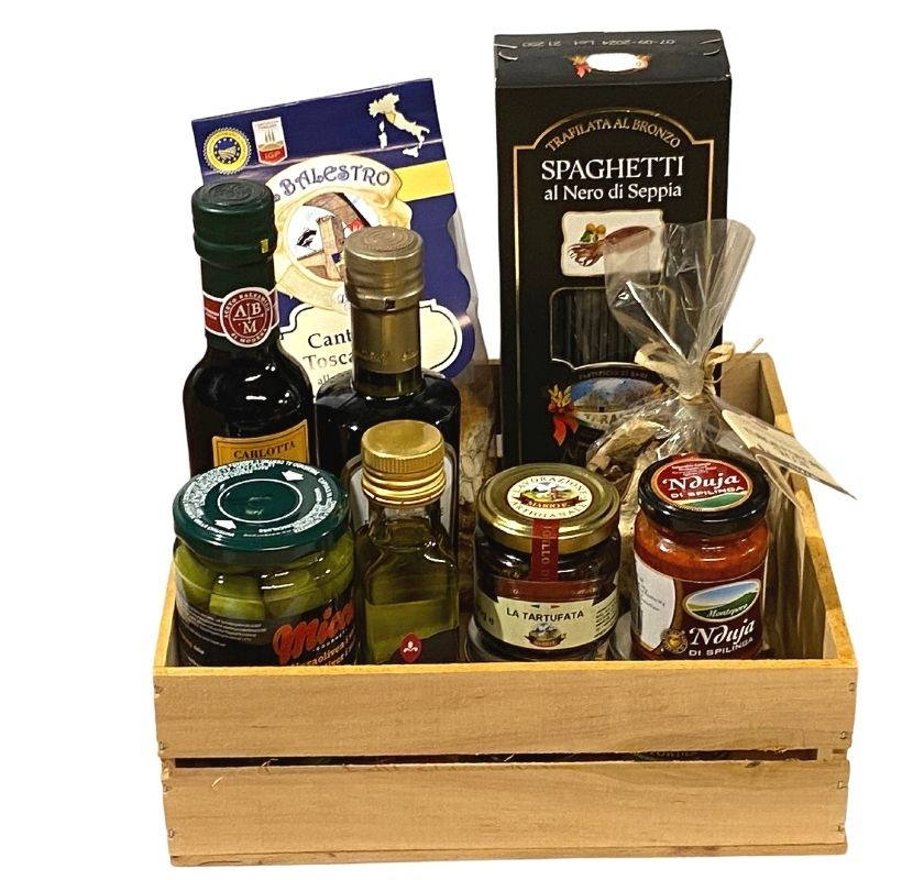 Tr�l�da f�r presenter & prylar 26 cm fylld med delikatesser