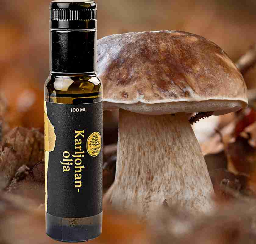 Karljohanolja fr�n H�gtorp G�rd, med karljohansvamp i bakgrunden