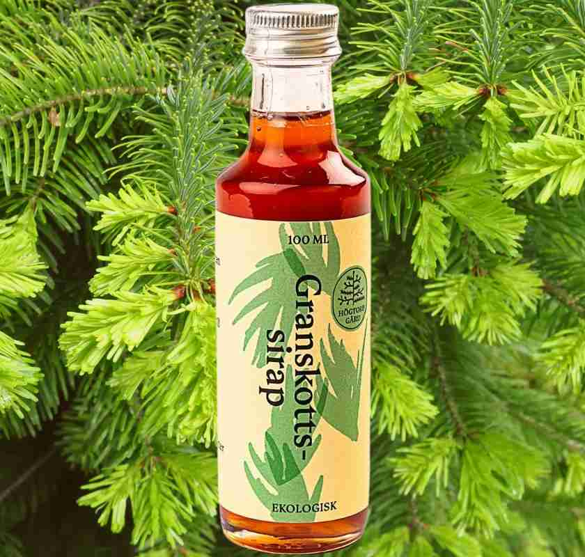 Granskottssirap fr�n H�gtorp G�rd ekologisk, granskott i bakgrunden