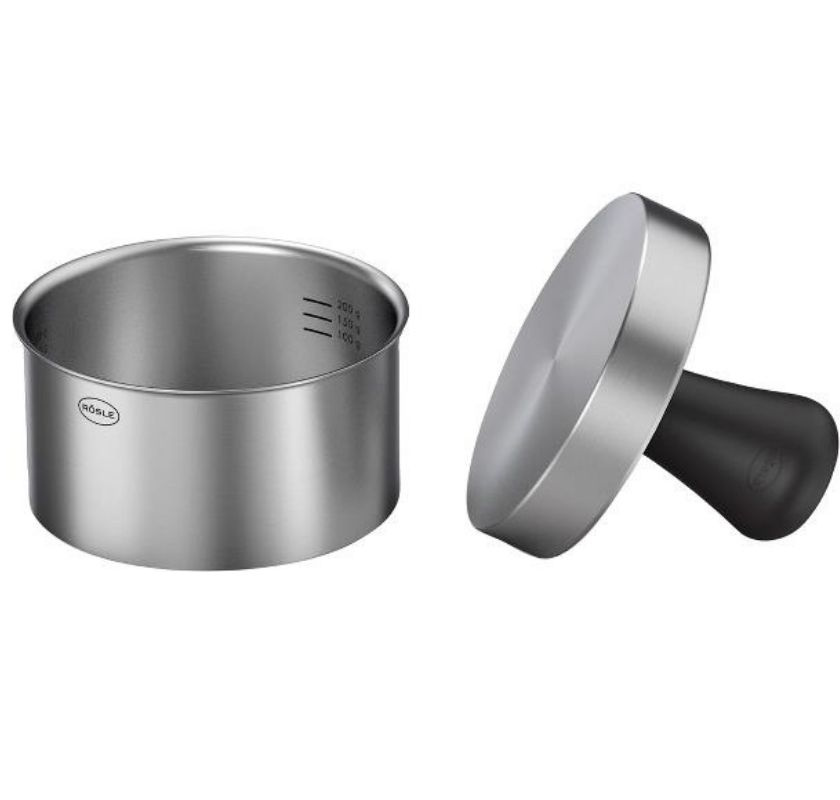 hamburherpress rostfritt st�l med h�g ringform och handtag i svart gummiplast