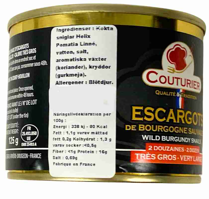 Sniglar vilda fr�n Bourgogne 24st baksidan av burken med svensk etikett