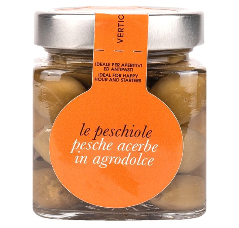sm� italienska inlagda persikor i glasburk Le Peschiole