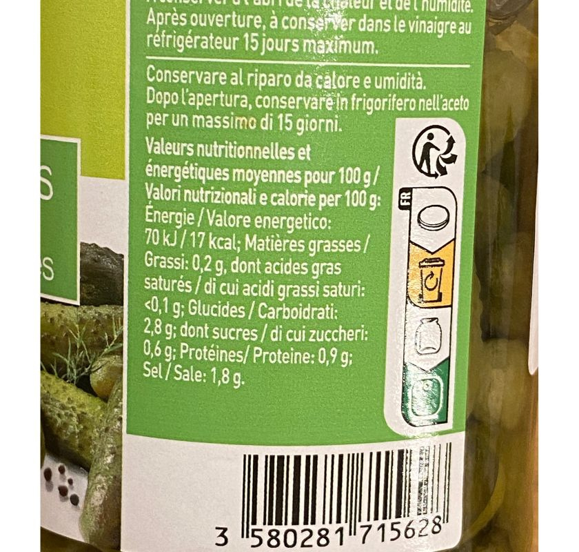 Cornichons i glasburk n�ringsdeklaration