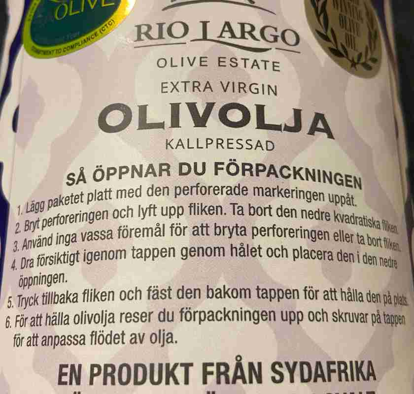 xtra virgin olivolja Moroccan, baksidan av f�rpackingen
