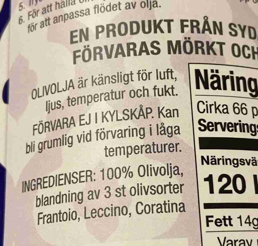 Extra virgin olivolja Moroccan, f�rvaras m�rkt & svald. Dock ej i kylsk�p
