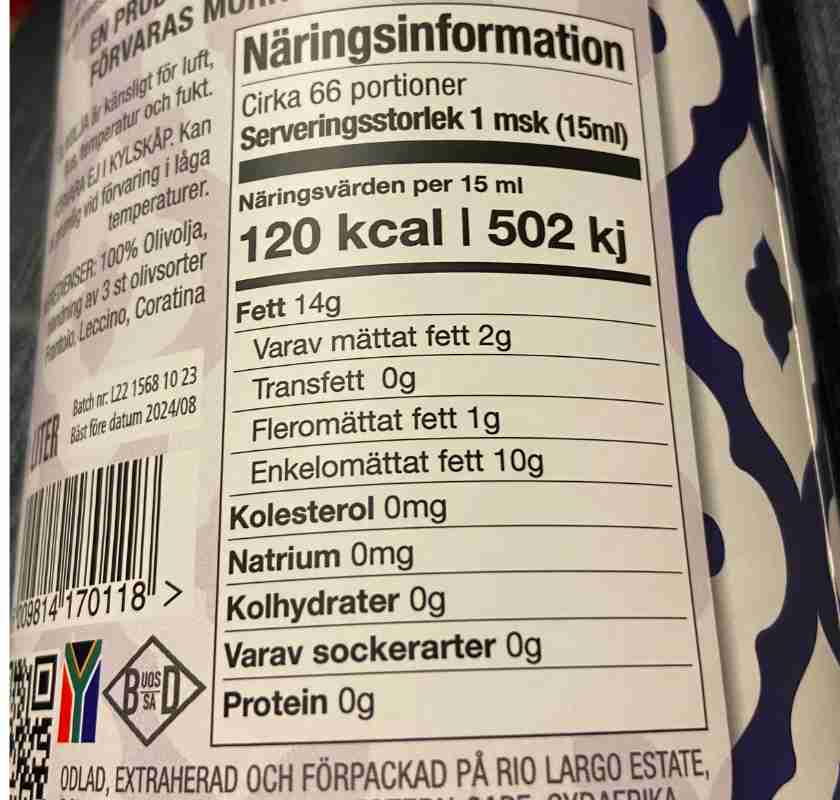 N�ringsinfo, extra virgin olivolja Moroccan