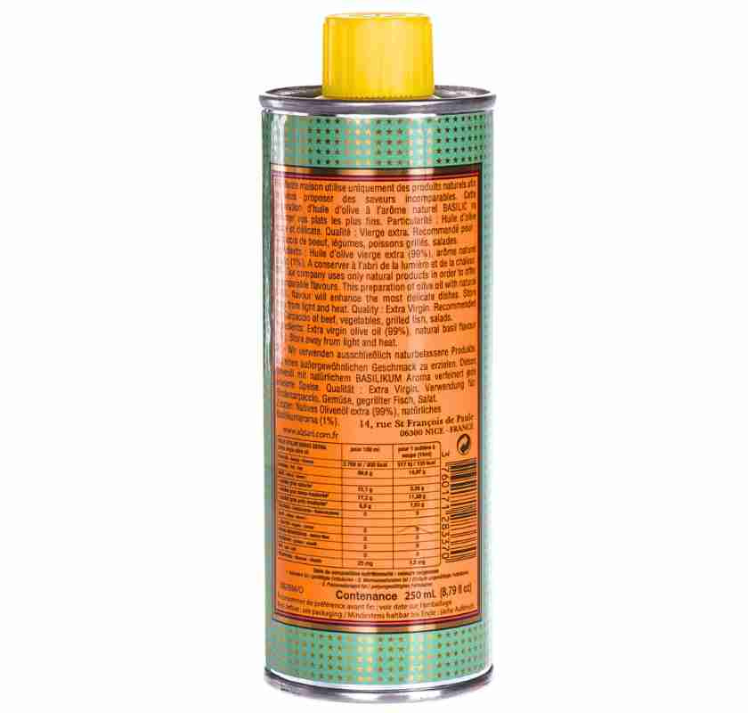 Basilikaolja av olivolja Alziari baksidan av flaskan