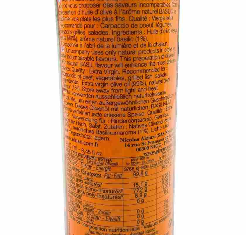 Basilikaolja av olivolja Alziari baksidan av flaskan detalj