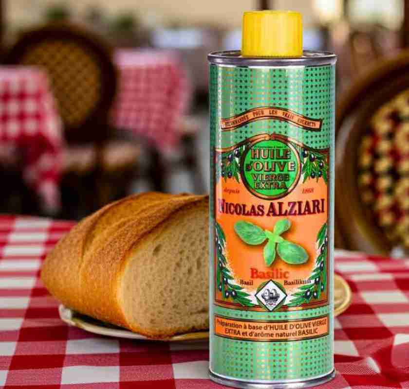 Basilikaoljan p� bord med r�drutig duk och br�d