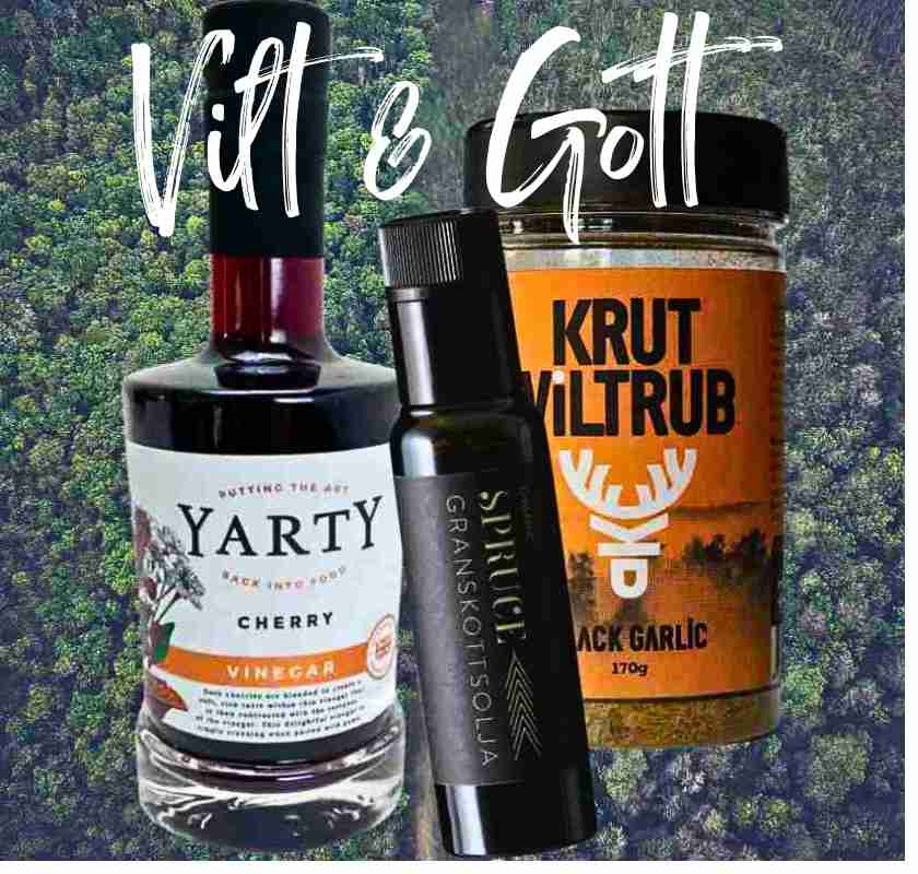 2 flaskor och en burk mot en skogig bakgrund med texten Vilt & Gott 