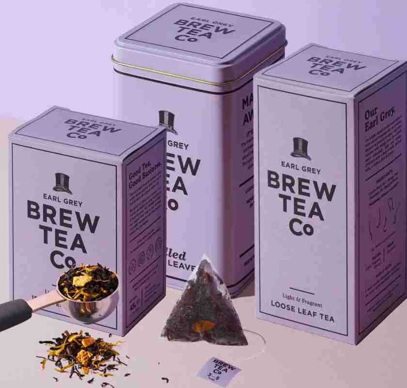Earl Grey Tea Brew Tea Co olika f�rpackningar i ljust lila